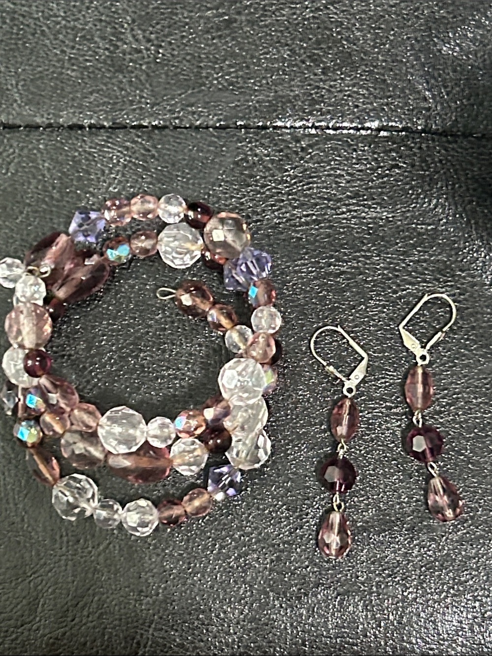 Ann Taylor Purple and Clear Multi-Strand Beaded Bracelet with Dangle Earrings